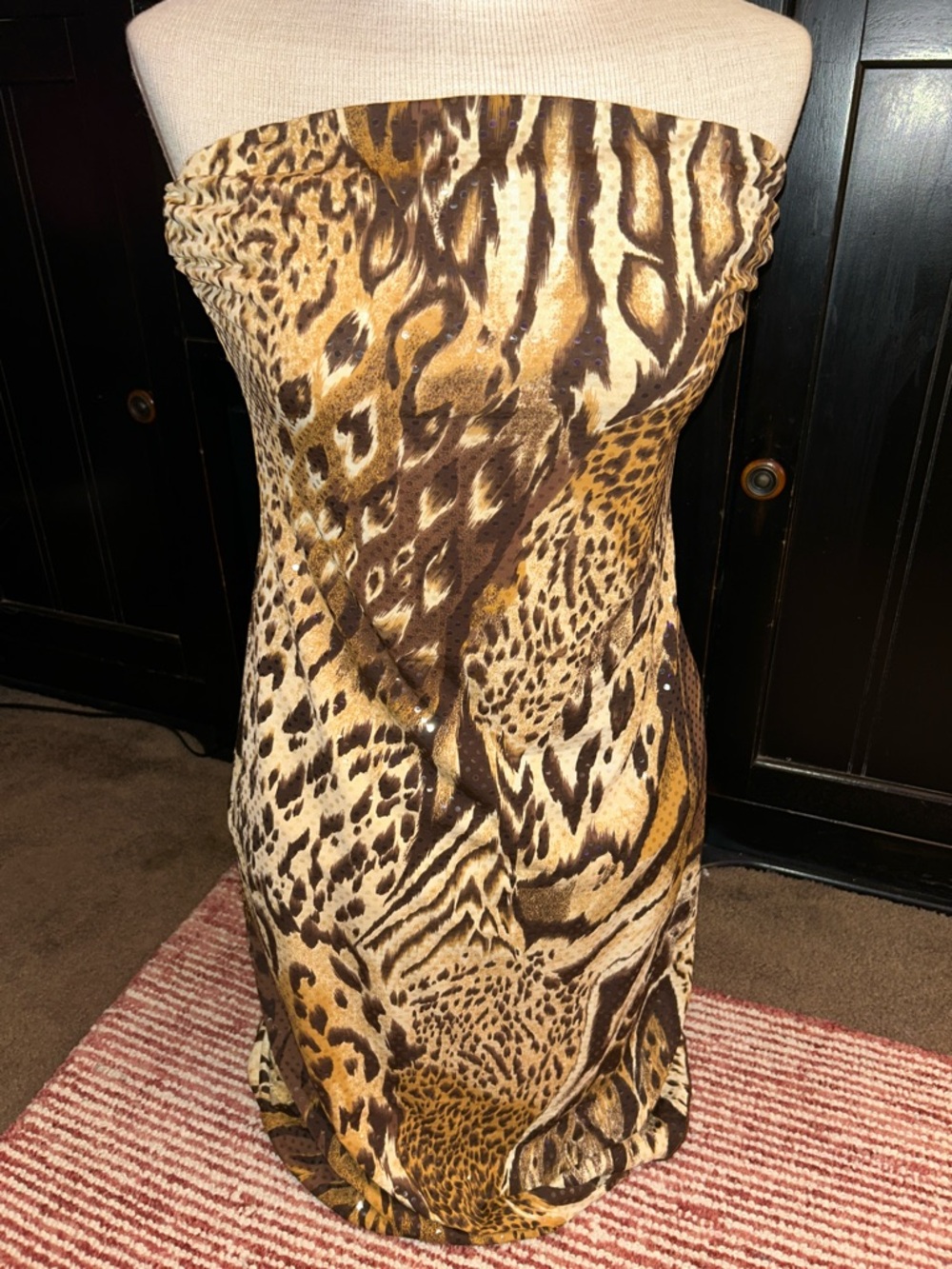 Cache Strapless Animal Print Dress in Brown and Gold